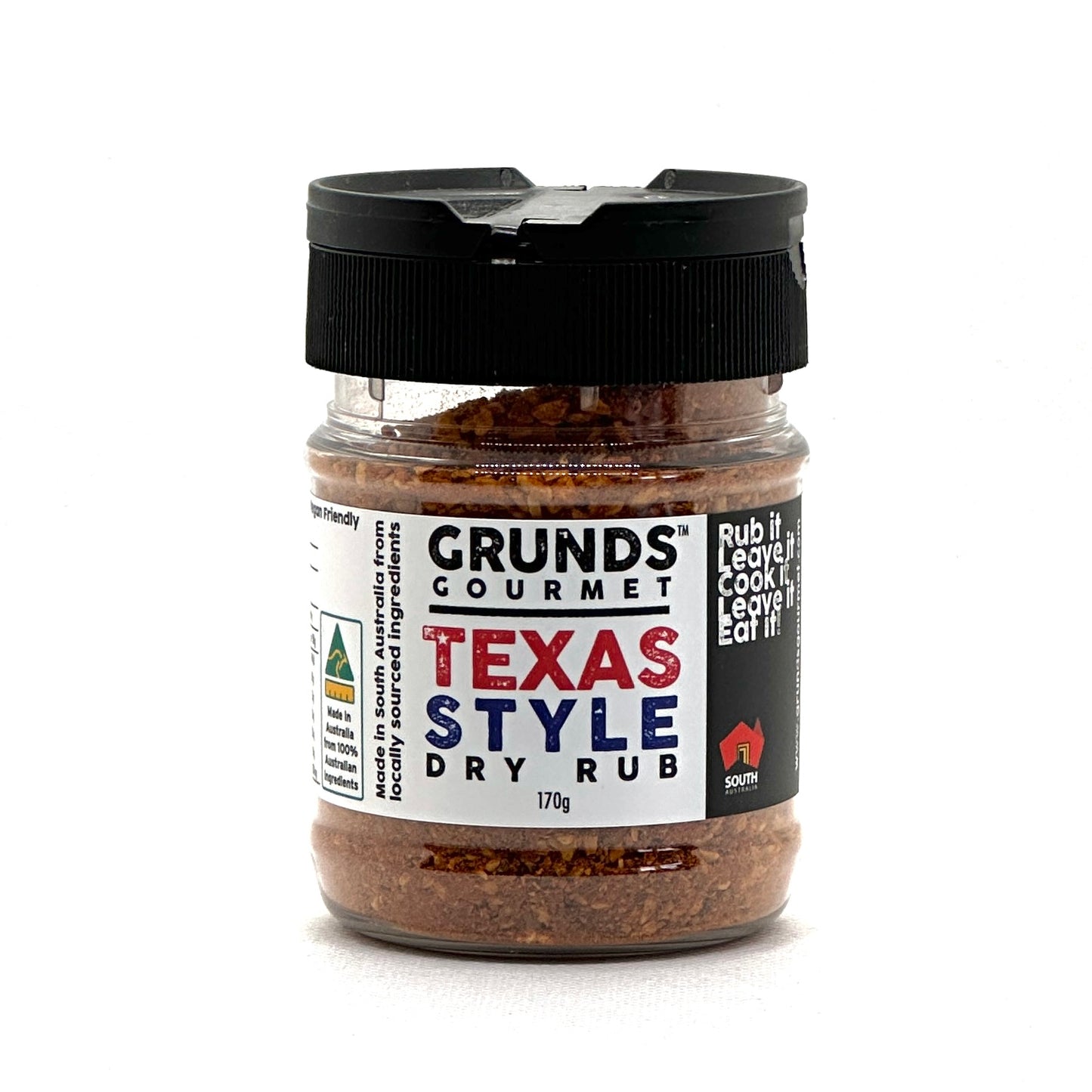 Close-up of Grund's Gourmet Texas Style Dry Rub, a blend of sea salt, smoked paprika, and cayenne powder, perfect for enhancing steak, chicken, and pork with authentic BBQ flavors.