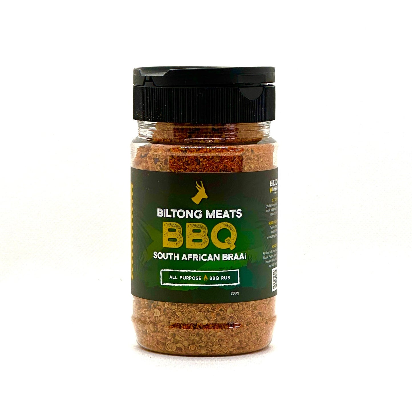 A close-up image of the Biltong Brewing Company 'Braai' BBQ Rub jar, showcasing the vibrant and colorful label with the product name and a glimpse of the rich, textured spices visible through the glass